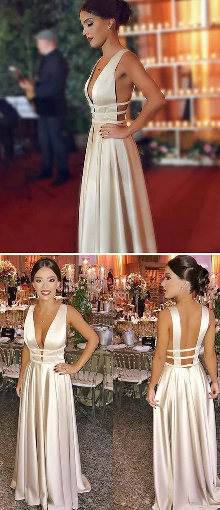 Chic A Line V Neck Open Back Champagne Prom Dresses Champagne V Nevk Open Back Evening Dresses