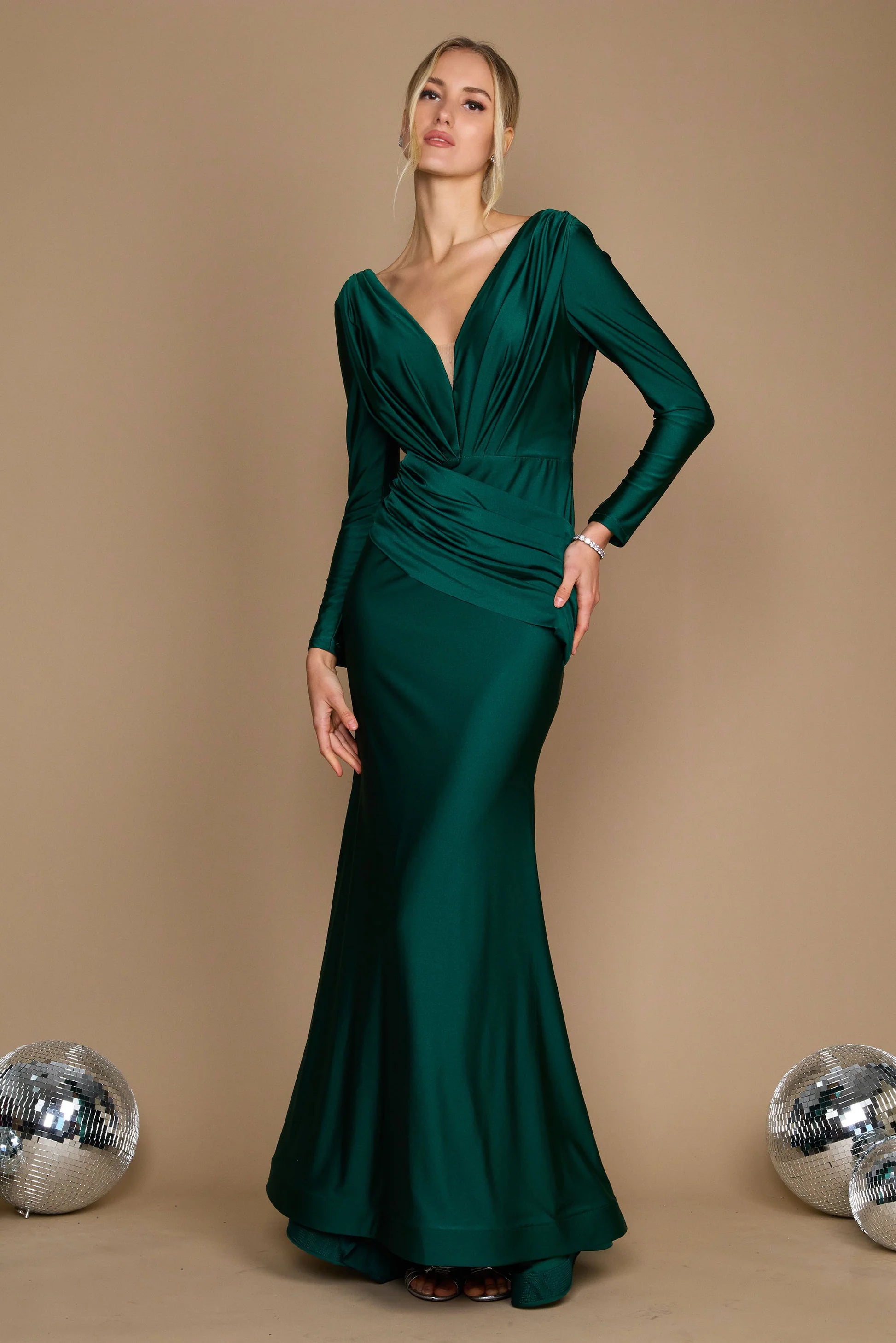 Elegant Long Sleeve Formal Fitted Ruched Evening Dress