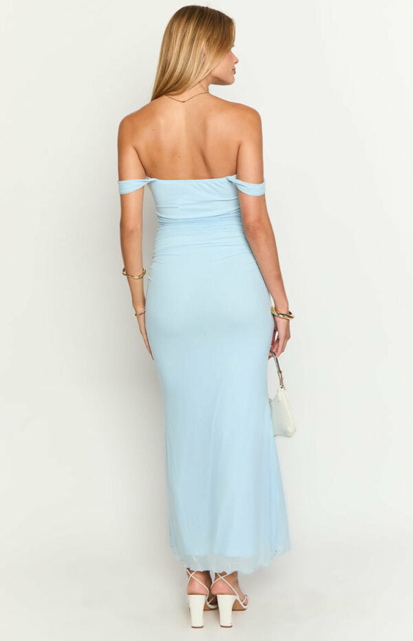 Chic Blue Off The Ruched Shoulder Backless  Maxi Dress Prom Dresses