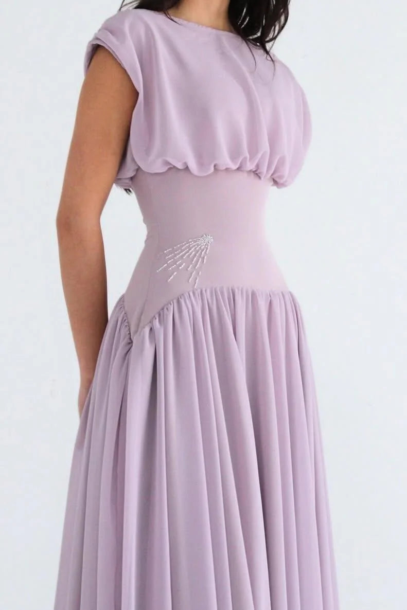 Elegant Lilac Chiffon Jewel Neck Short Sleeves High Waist Long Prom Dress with Beadings
