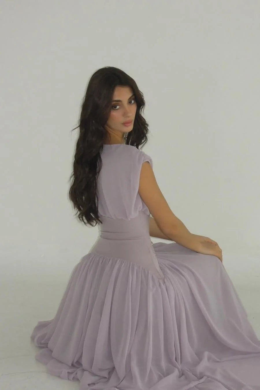 Elegant Lilac Chiffon Jewel Neck Short Sleeves High Waist Long Prom Dress with Beadings