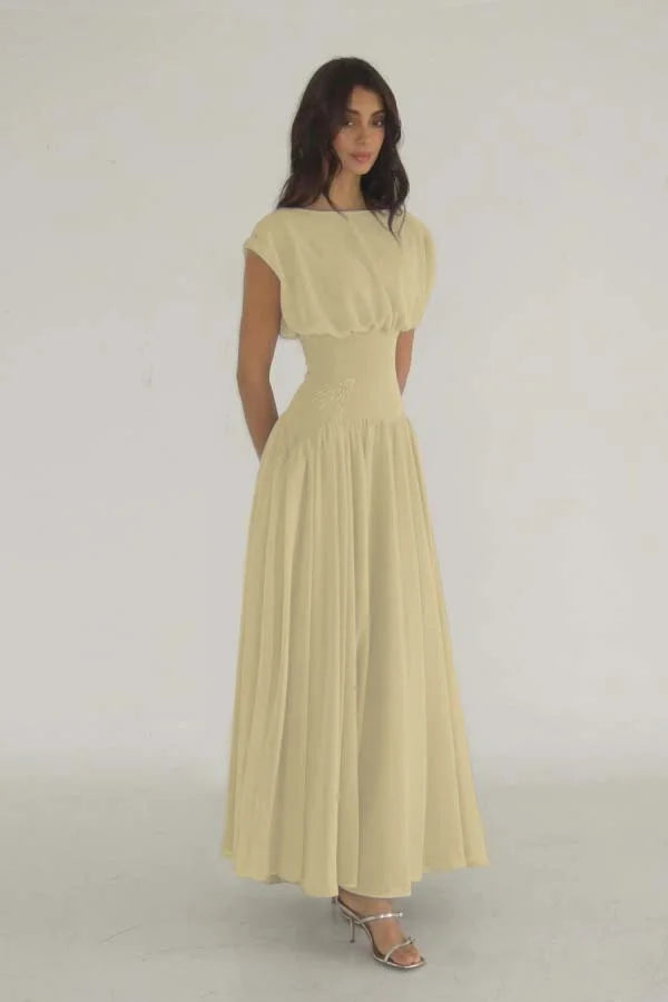 Elegant Lilac Chiffon Jewel Neck Short Sleeves High Waist Long Prom Dress with Beadings