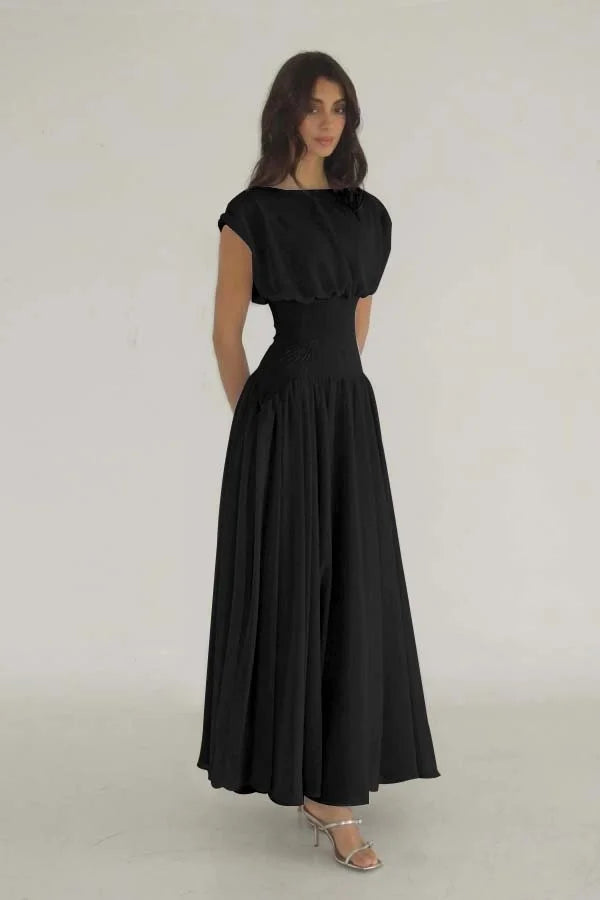 Elegant Lilac Chiffon Jewel Neck Short Sleeves High Waist Long Prom Dress with Beadings