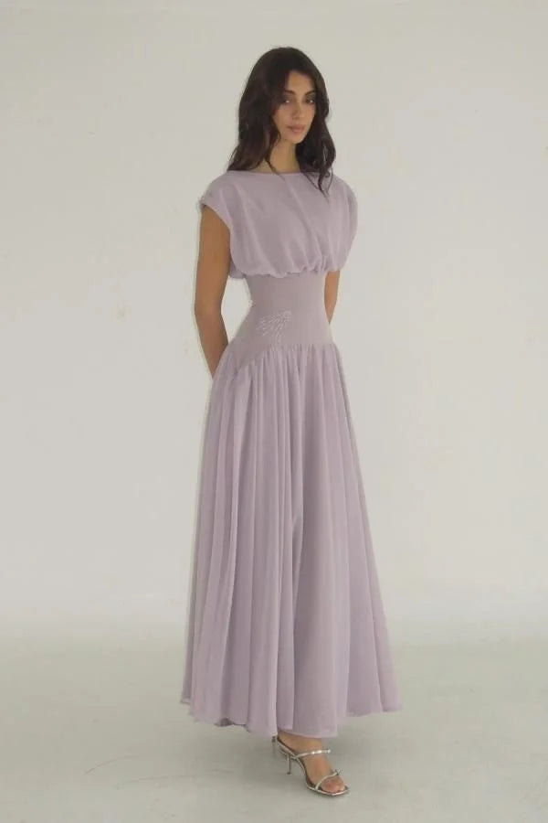 Elegant Lilac Chiffon Jewel Neck Short Sleeves High Waist Long Prom Dress with Beadings
