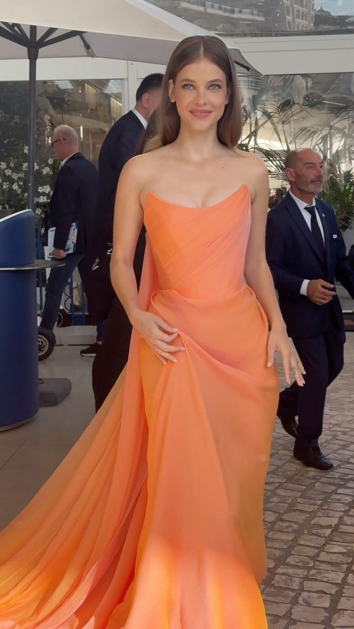 Chic Orange Sheath Strapless Chiffon Long Party Dress Prom Dress