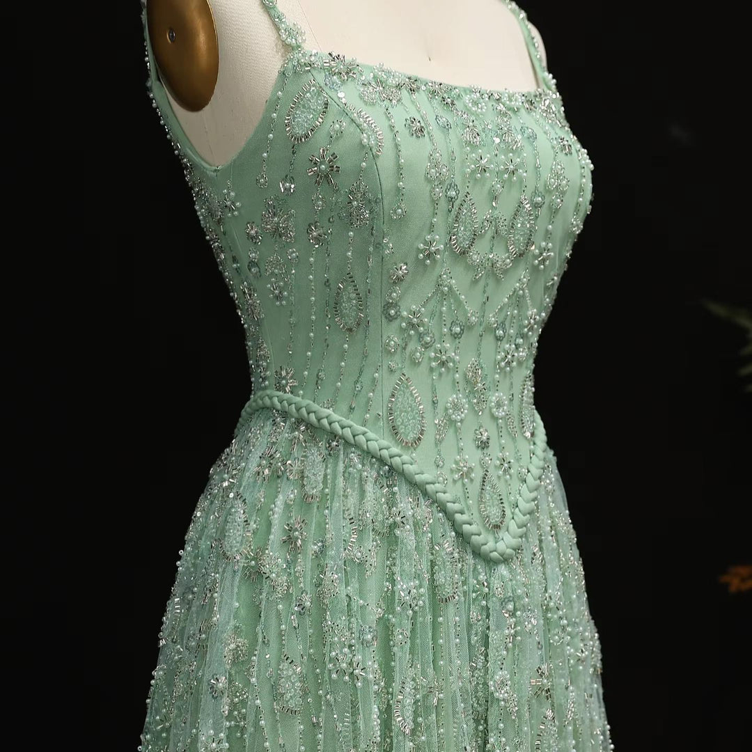 Luxury Sage Green Luxury Beading Evening Dress with Spaghetti Straps