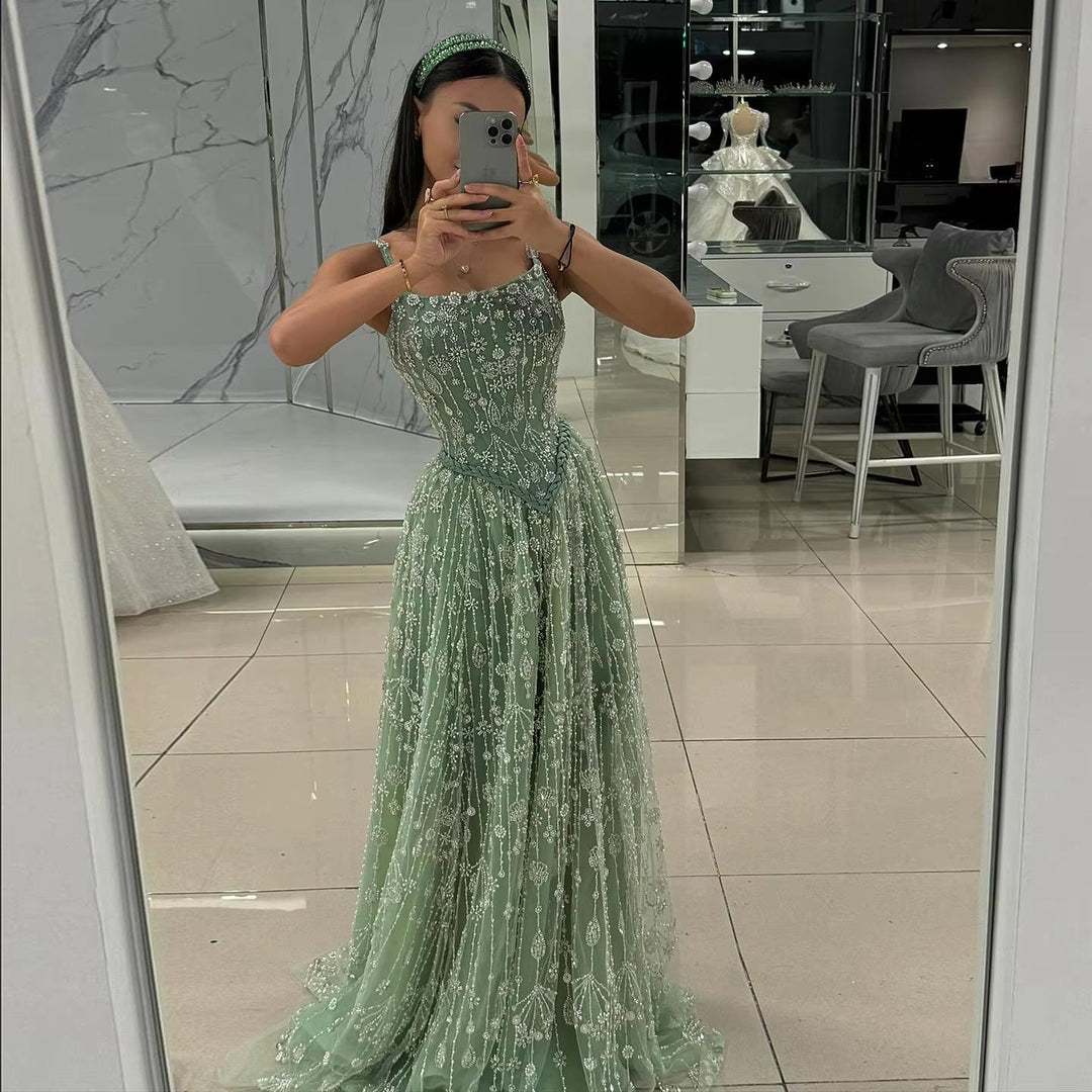 Luxury Sage Green Luxury Beading Evening Dress with Spaghetti Straps