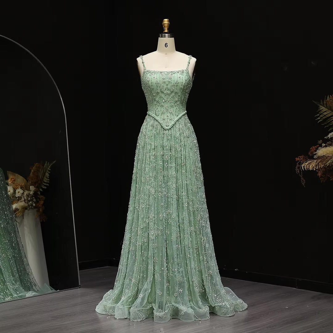 Luxury Sage Green Luxury Beading Evening Dress with Spaghetti Straps