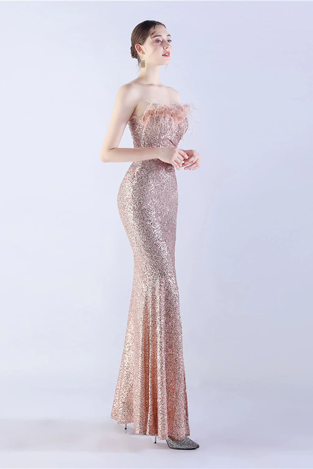 Elegant Sparkle Strapless Sequin Sheath Ruched Formal Dress with Feather