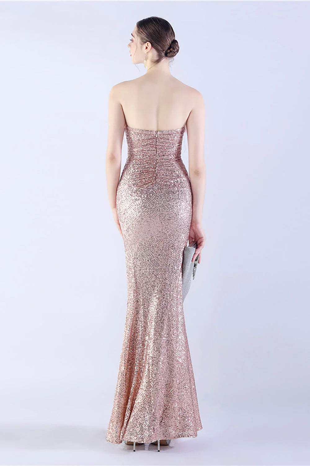 Elegant Sparkle Strapless Sequin Sheath Ruched Formal Dress with Feather