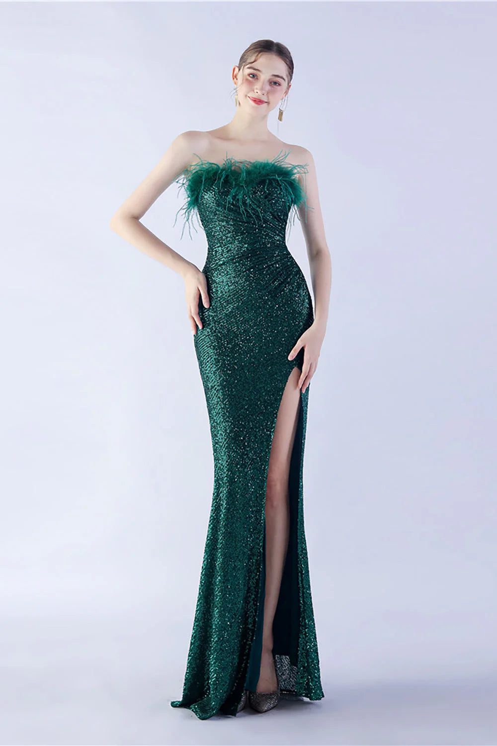 Elegant Sparkle Strapless Sequin Sheath Ruched Formal Dress with Feather