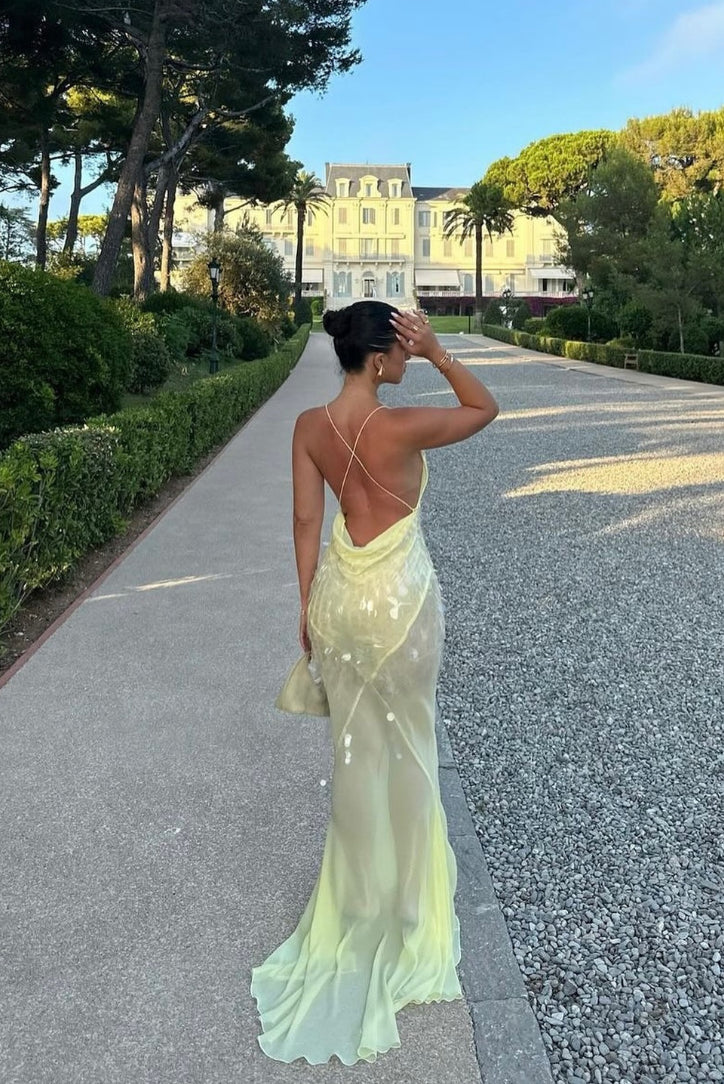 Sexy Spaghetti Straps V-Neck Sleeveless Backless Maxi Dress Prom Dresses