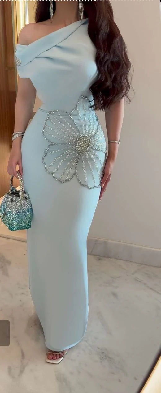 Chic One Shoulder Satin Beaded Prom Dress Blue Evening Dress