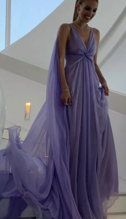 Simple A Line V Neckline Lilac Long Chiffon Prom Dresses