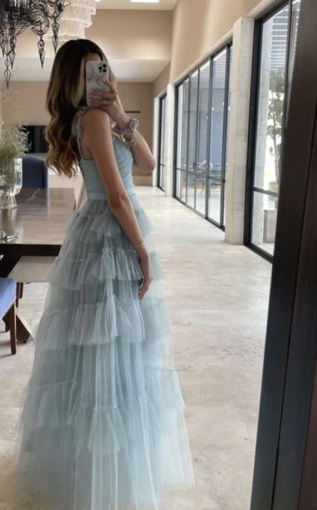 Light Blue Tulle Prom Dresses Ruffles Pleated Baby Blue Evening Gown