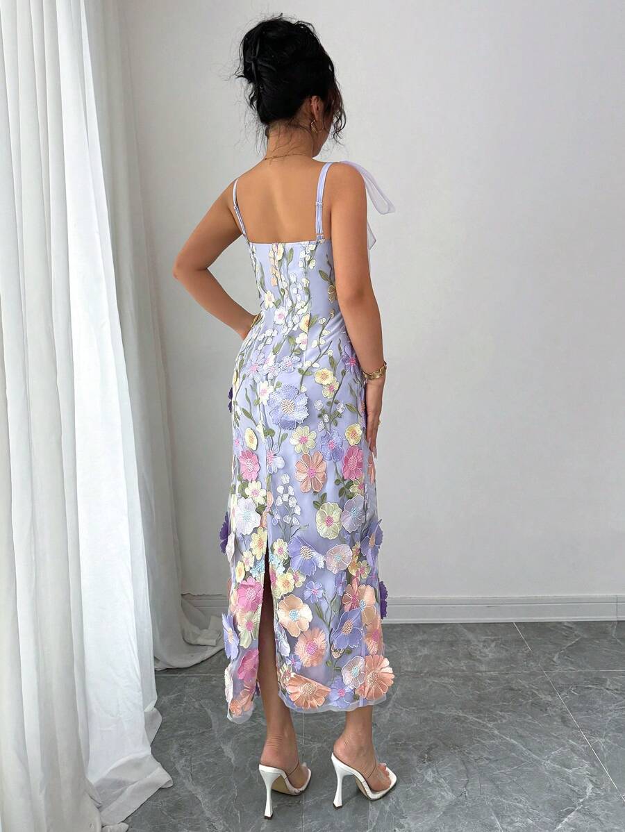 Spring Summer Fashion Elegant Tulle Bowknot Shoulder Strap Sleeveless Waisted A-Line Long Dress