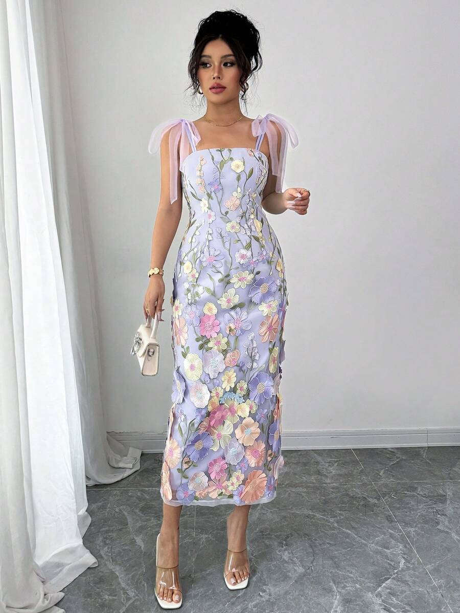 Spring Summer Fashion Elegant Tulle Bowknot Shoulder Strap Sleeveless Waisted A-Line Long Dress