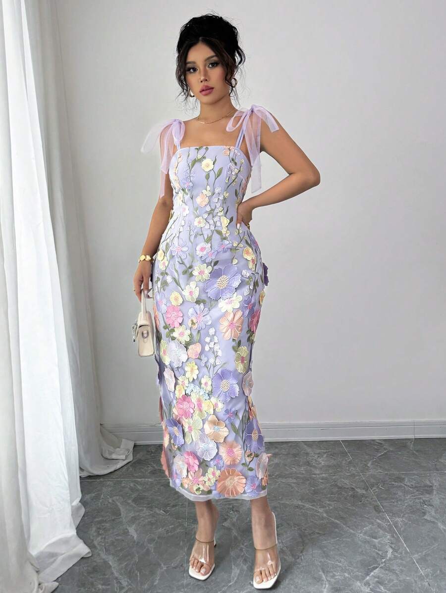 Spring Summer Fashion Elegant Tulle Bowknot Shoulder Strap Sleeveless Waisted A-Line Long Dress