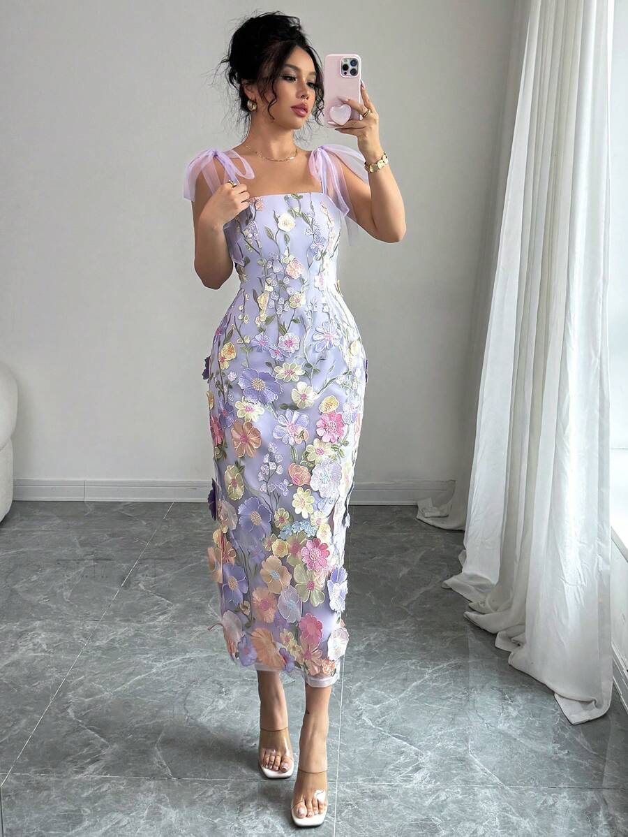 Spring Summer Fashion Elegant Tulle Bowknot Shoulder Strap Sleeveless Waisted A-Line Long Dress