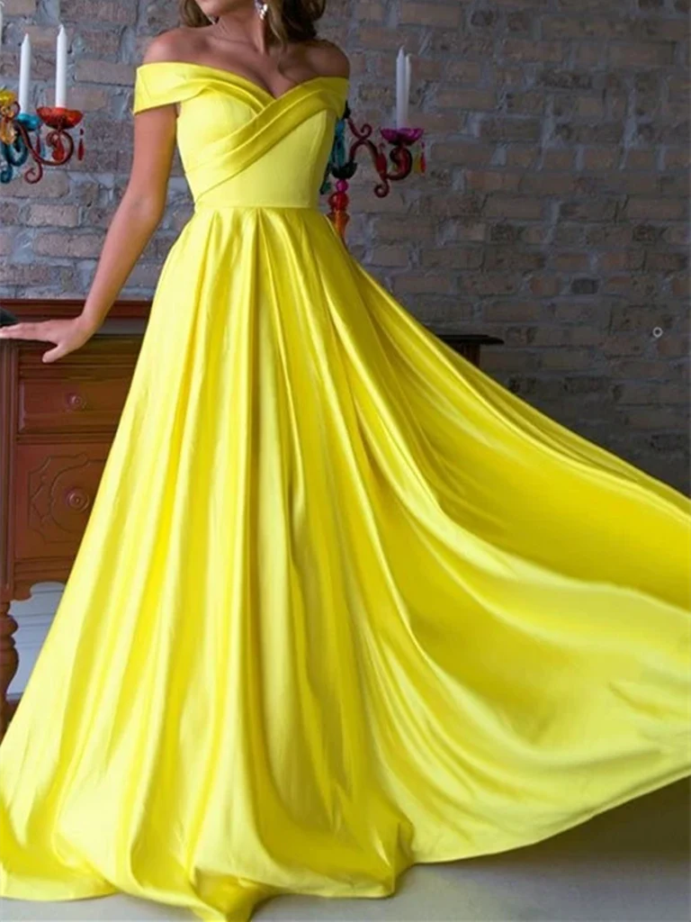 A-line Pleated Satin Off Shoulder Long Prom Dresses