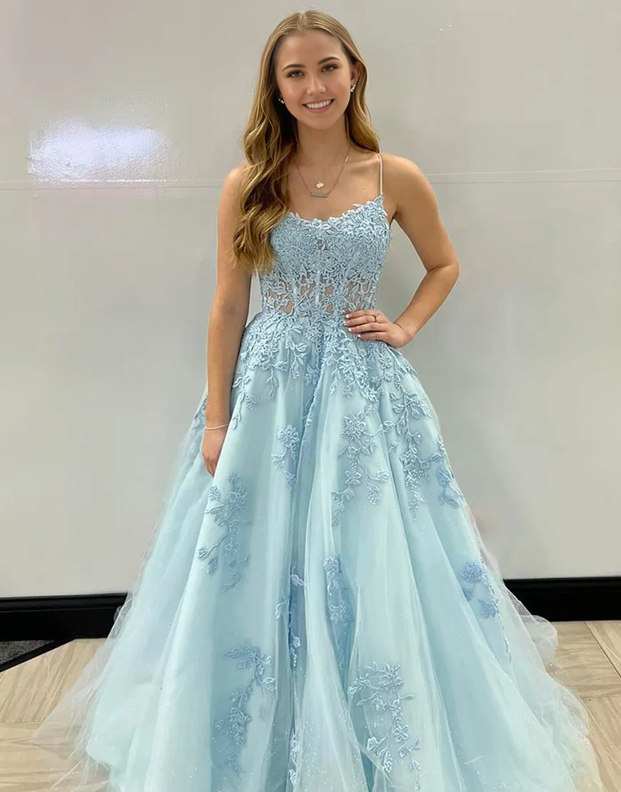 A-Line Spaghetti Straps Corset Back long formal dresses evening gown Prom Dress With Appliques