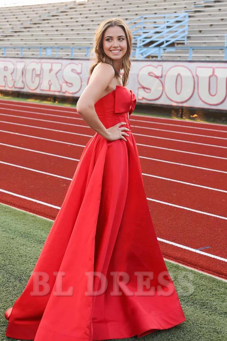 A-Line Strapless Bow Empire-Waist Sleeveless Satin Long formal dresses evening gown Prom Dress