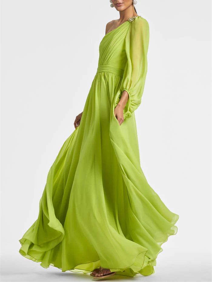 A Line One Shoulder Floor Length Evening Dress