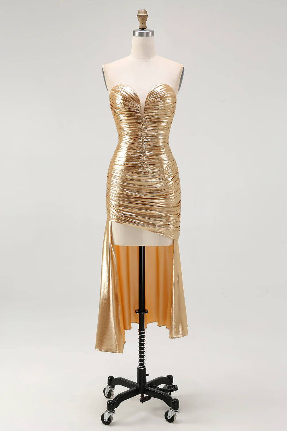 Fashion Sparkly Gold Sweetheart Metallic Ruched High-Low Cocktail Homecoming Dress
