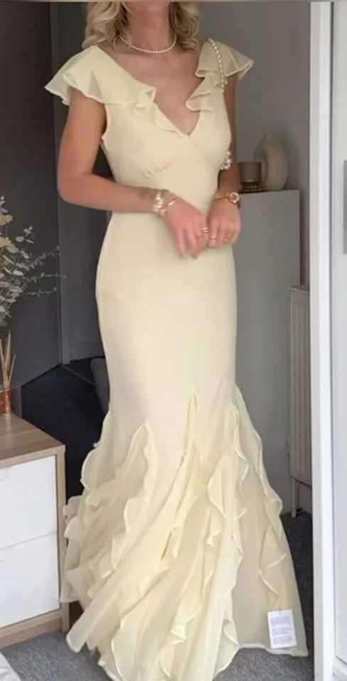 Elegant V-neck Yellow Mermaid Long Prom Dress Evening Dress