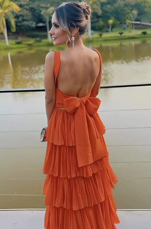 Gorgeous A Line Square Neck Orange Long Prom Dress with Ruffles