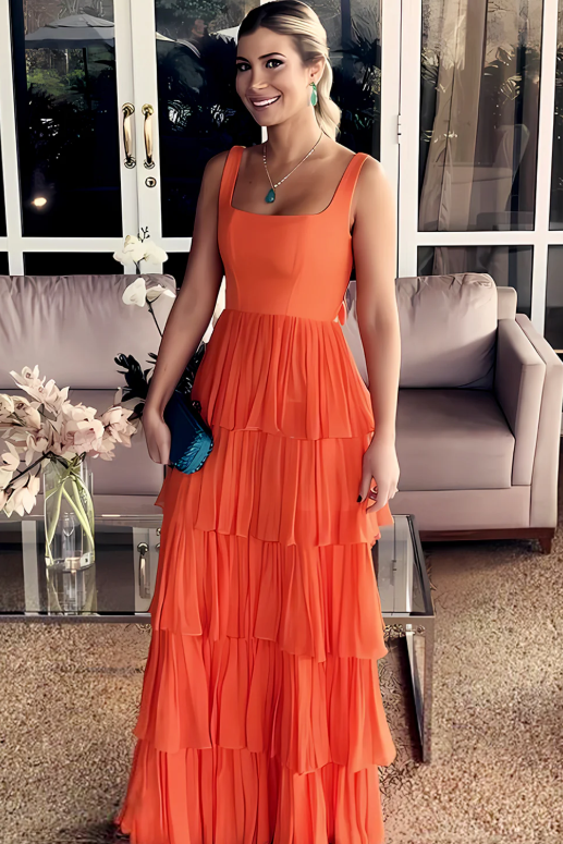Gorgeous A Line Square Neck Orange Long Prom Dress with Ruffles