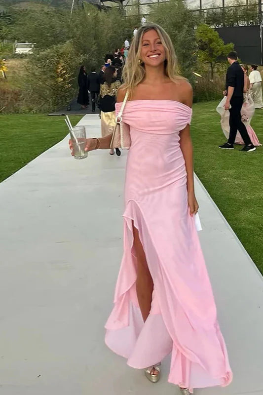 Chic Off-Shoulder Ruffle Mesh Split Maxi Party Dress Prom Dresses
