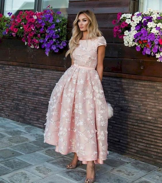 Chic Pink Flowers Jewel A-Line Ankle-Length Prom Dresses