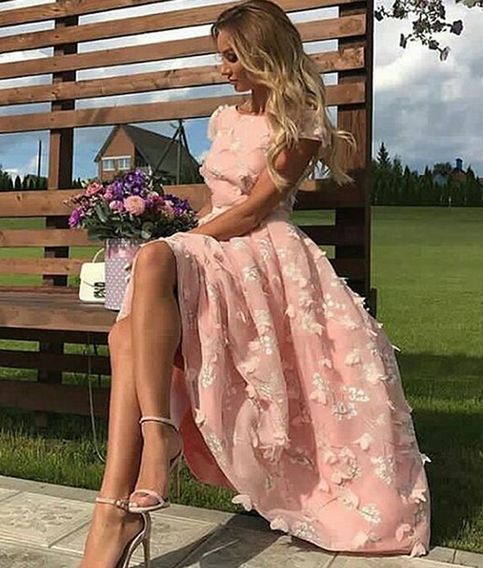 Chic Pink Flowers Jewel A-Line Ankle-Length Prom Dresses