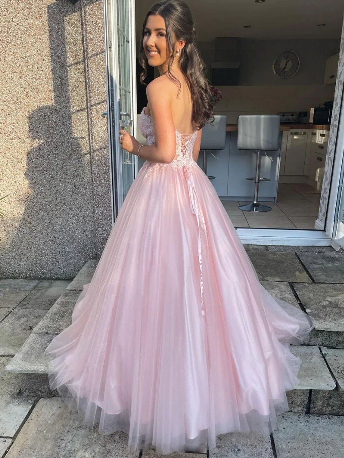 Charming Long A-line Sweetheart Tulle Lace Prom Dress Pink Lace Formal Evening Gowns