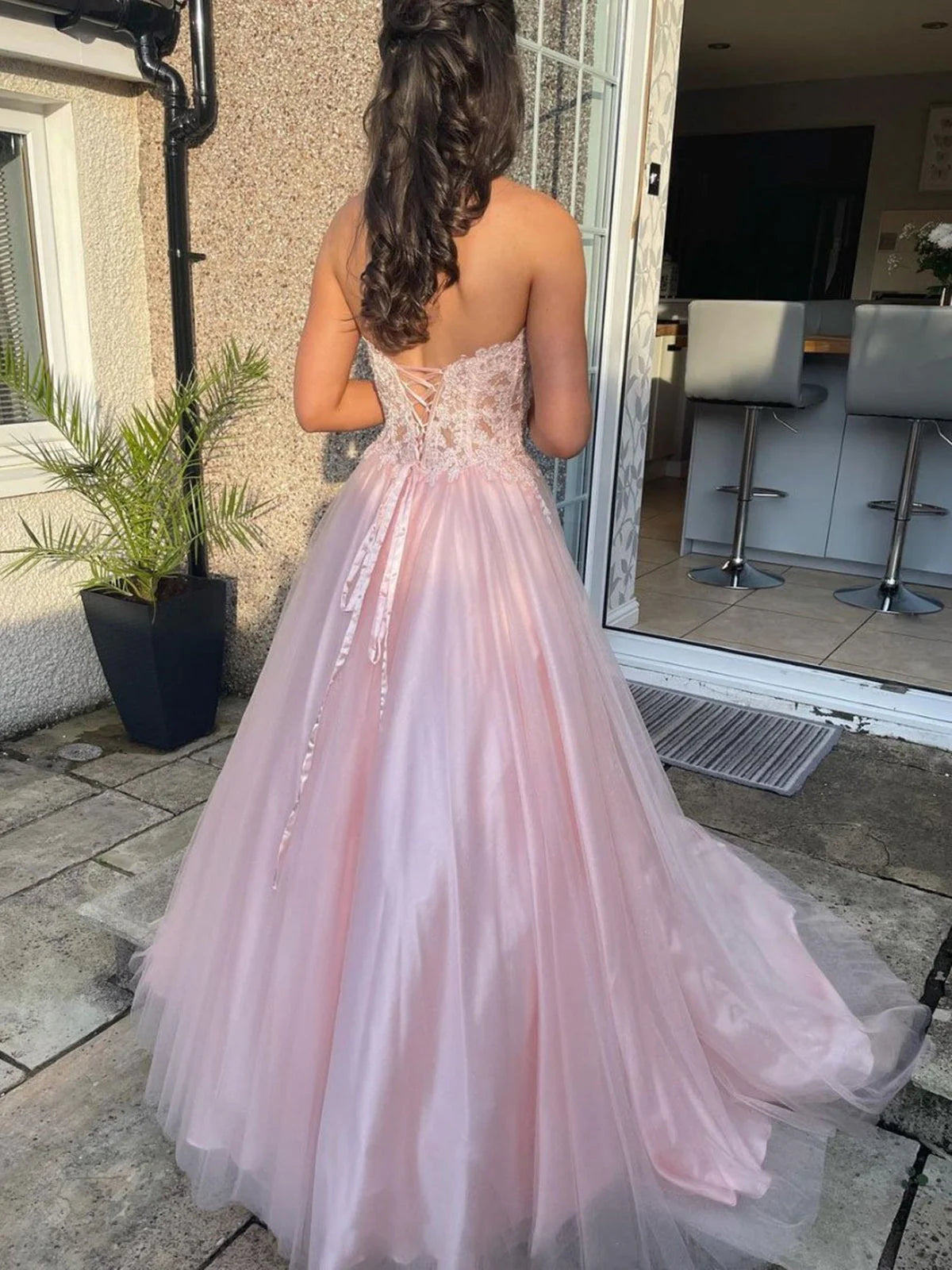 Charming Long A-line Sweetheart Tulle Lace Prom Dress Pink Lace Formal Evening Gowns