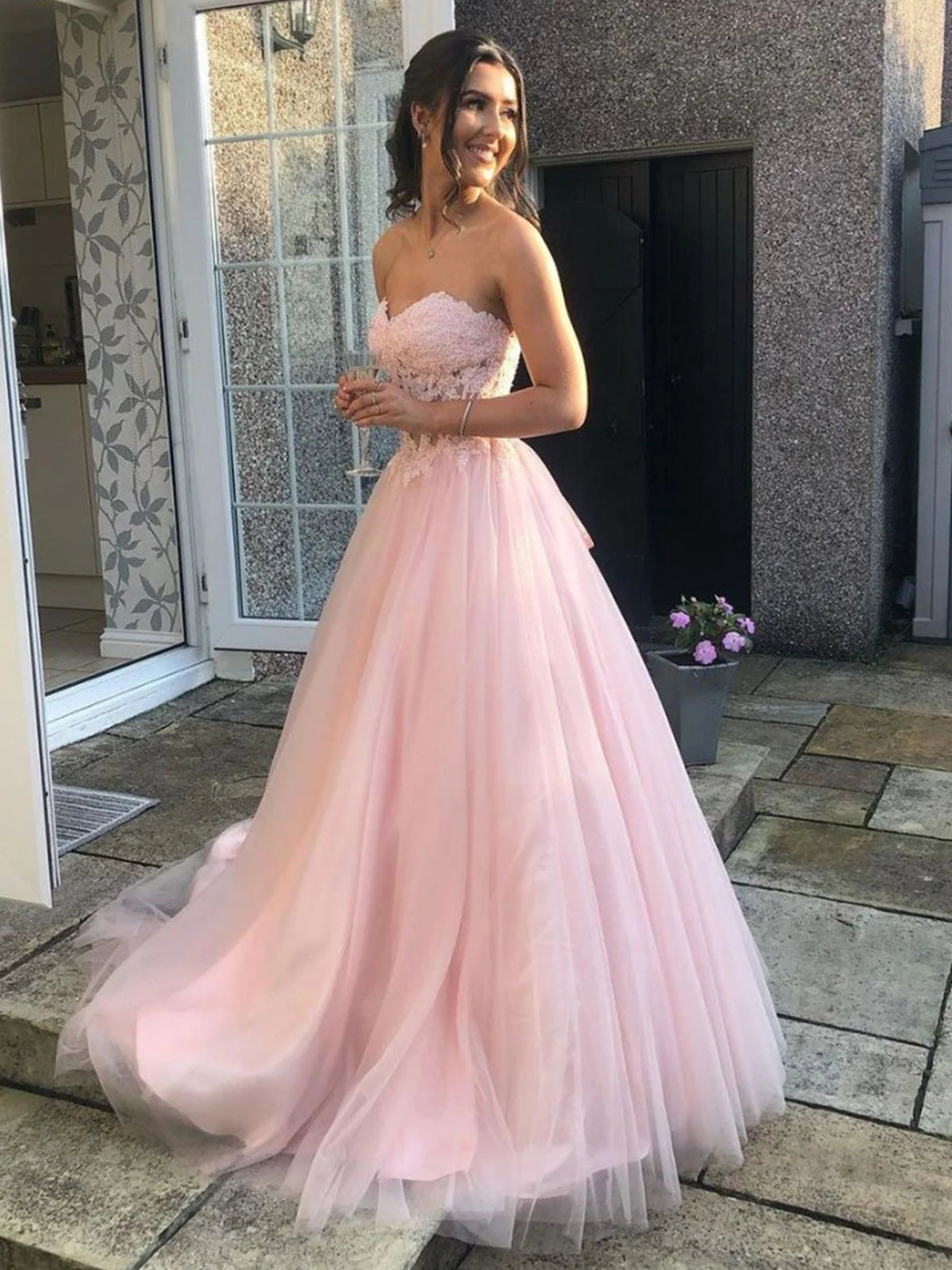 Charming Long A-line Sweetheart Tulle Lace Prom Dress Pink Lace Formal Evening Gowns