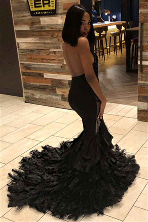 Sexy Long Mermaid Halter Open Back Appliques Sleeveless Black Prom Dress