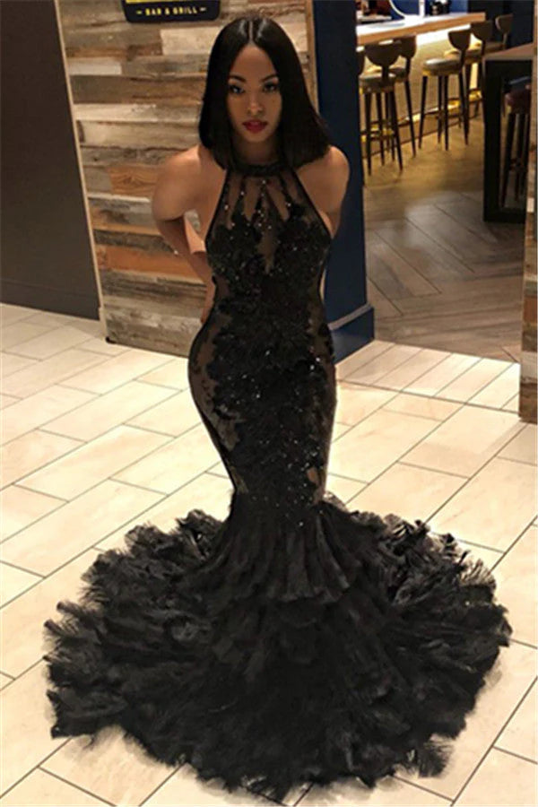 Sexy Long Mermaid Halter Open Back Appliques Sleeveless Black Prom Dress