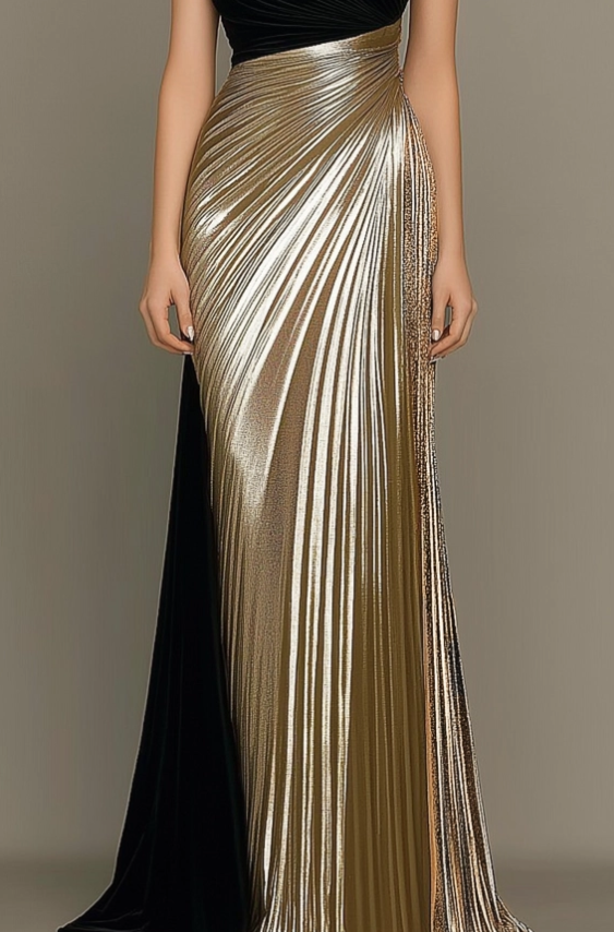 Elegant Evening Formal Dress Black Gold Metallic One-Shoulder Maxi Gown
