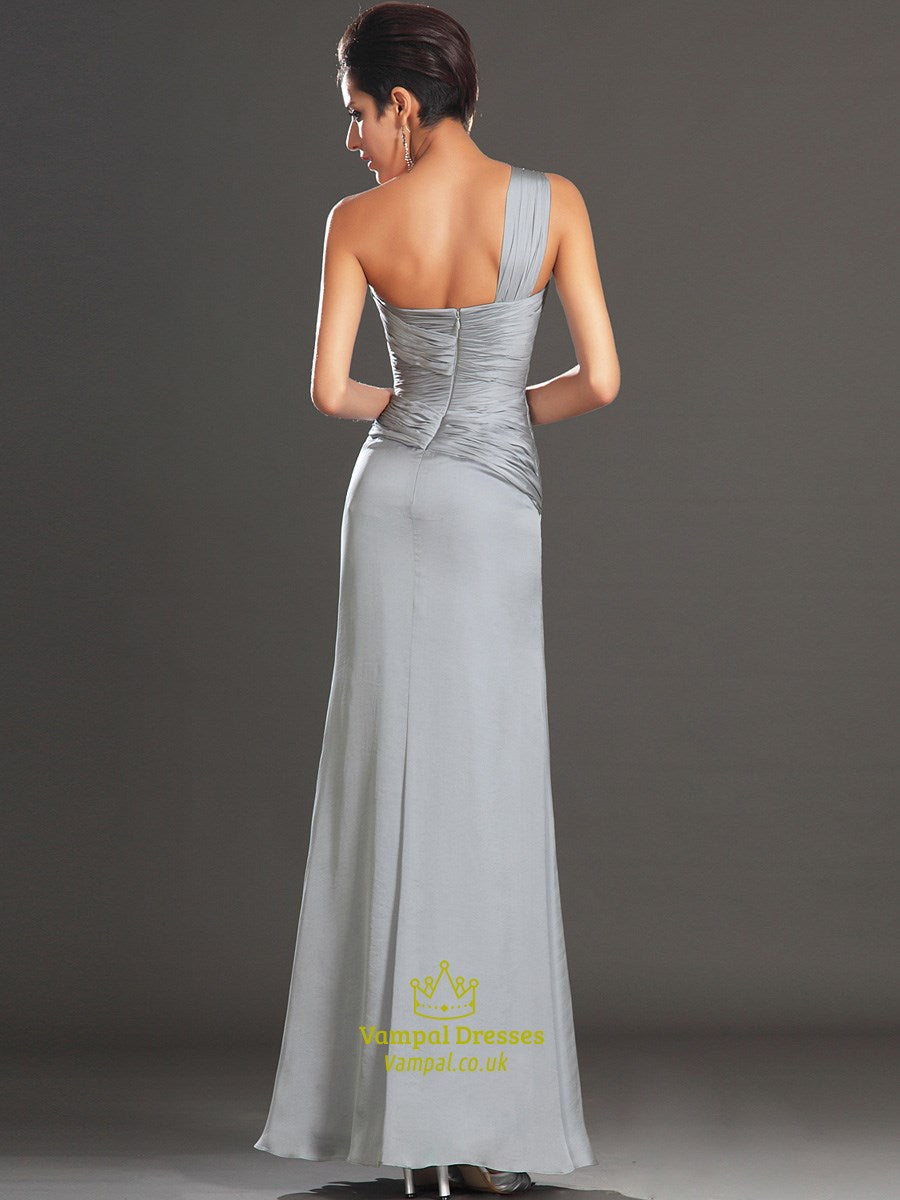 Grey One Shoulder Sleeveless Ruched Sheath Long Prom Dress With Split