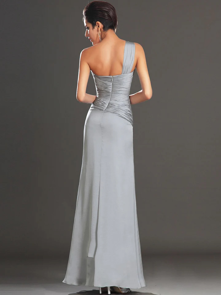 Grey One Shoulder Sleeveless Ruched Sheath Long Prom Dress With Split