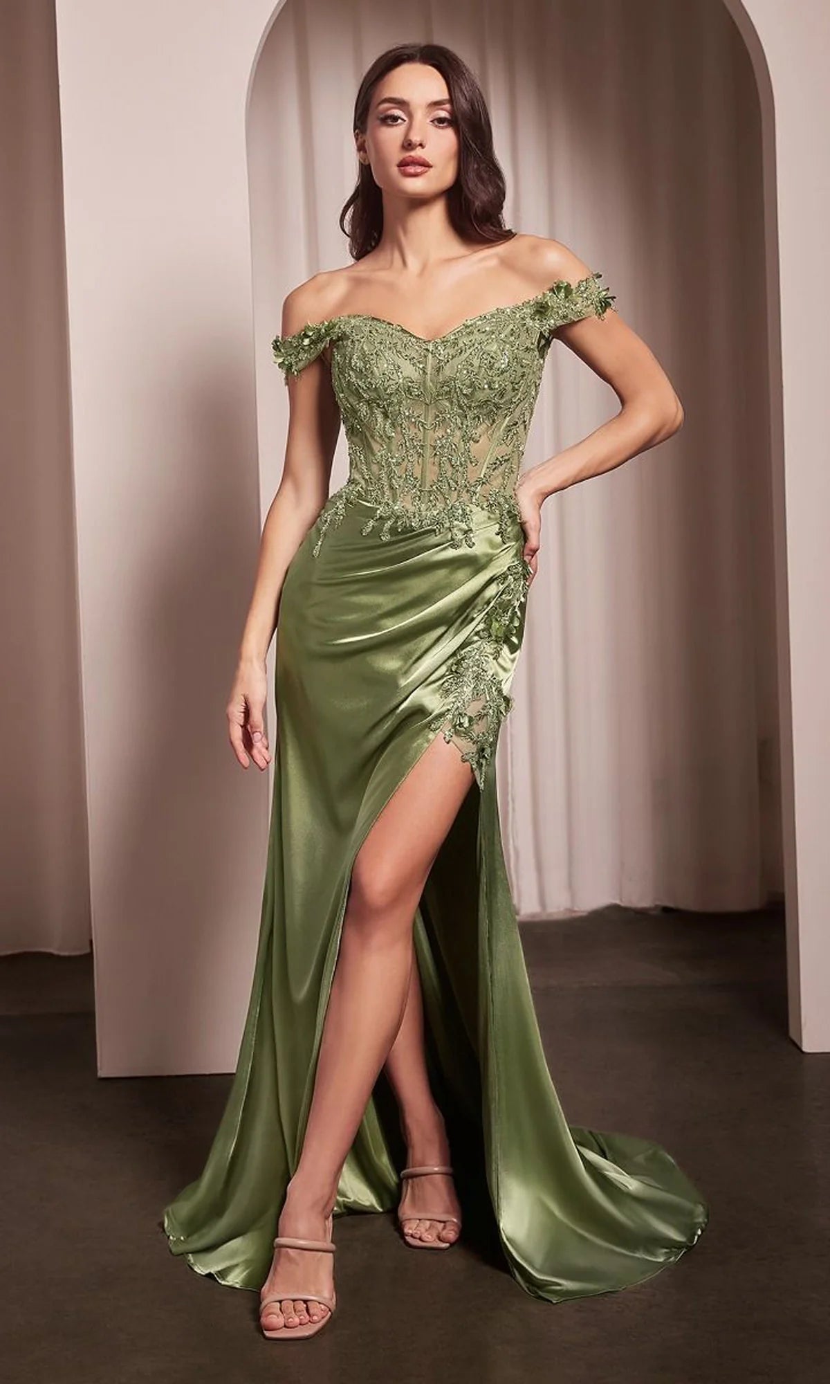 Elegant Ruched Appliques Off-the-Shoulder Split Long Sweetheart Prom Dress