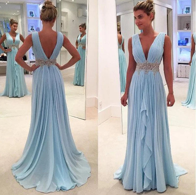 Sky Blue A Line Deep Neck Sleeveless V Back Beading Pleats Chiffon Long Prom Dress
