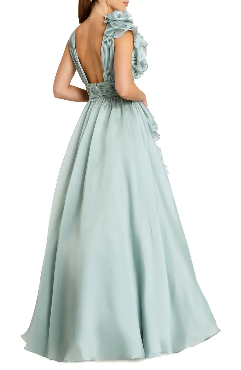 Chic Ruffle Shoulder V-Neck Chiffon Ballgown Ruched Prom Dresses