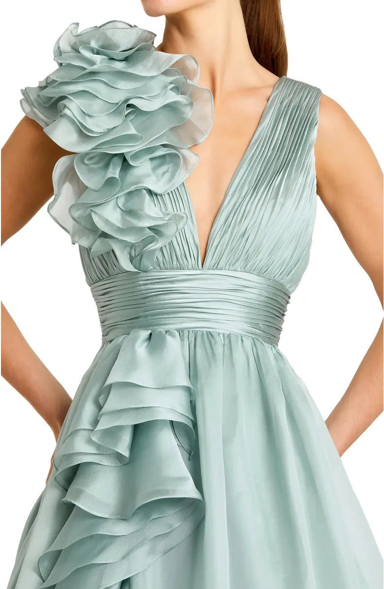 Chic Ruffle Shoulder V-Neck Chiffon Ballgown Ruched Prom Dresses
