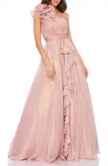 Chic Ruffle Shoulder V-Neck Chiffon Ballgown Ruched Prom Dresses