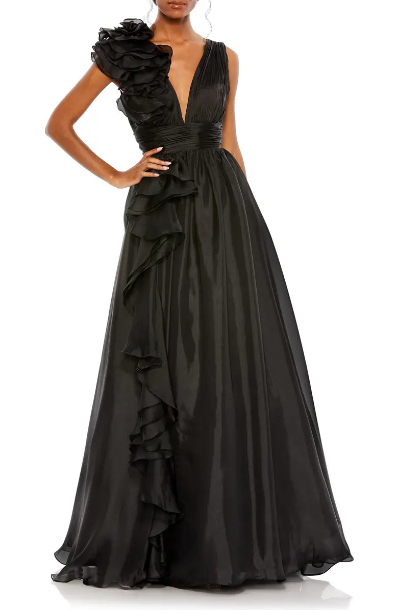 Chic Ruffle Shoulder V-Neck Chiffon Ballgown Ruched Prom Dresses