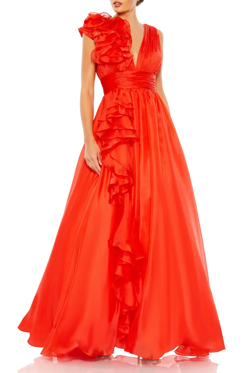 Chic Ruffle Shoulder V-Neck Chiffon Ballgown Ruched Prom Dresses