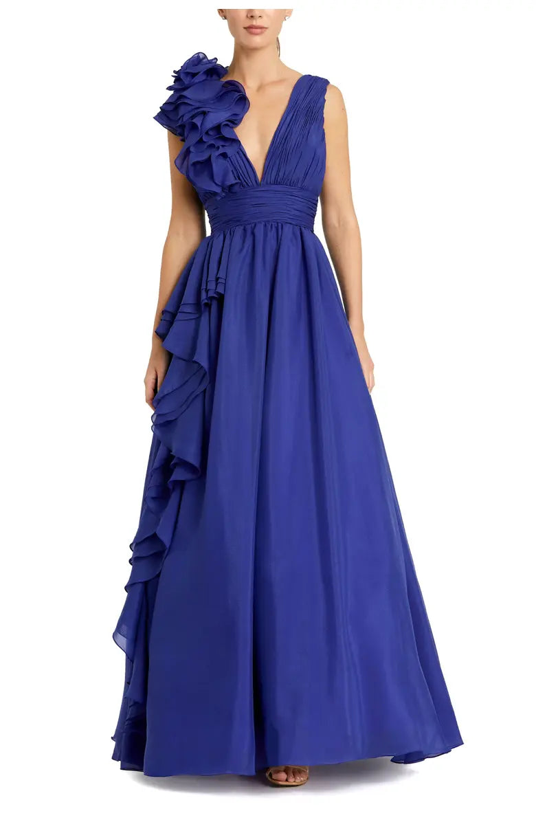 Chic Ruffle Shoulder V-Neck Chiffon Ballgown Ruched Prom Dresses